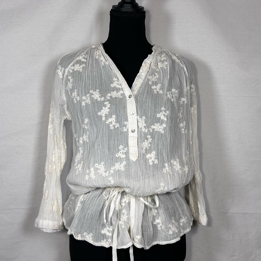 Massimo Dutti Ivory Floral Embroidered Drawstring Blouse